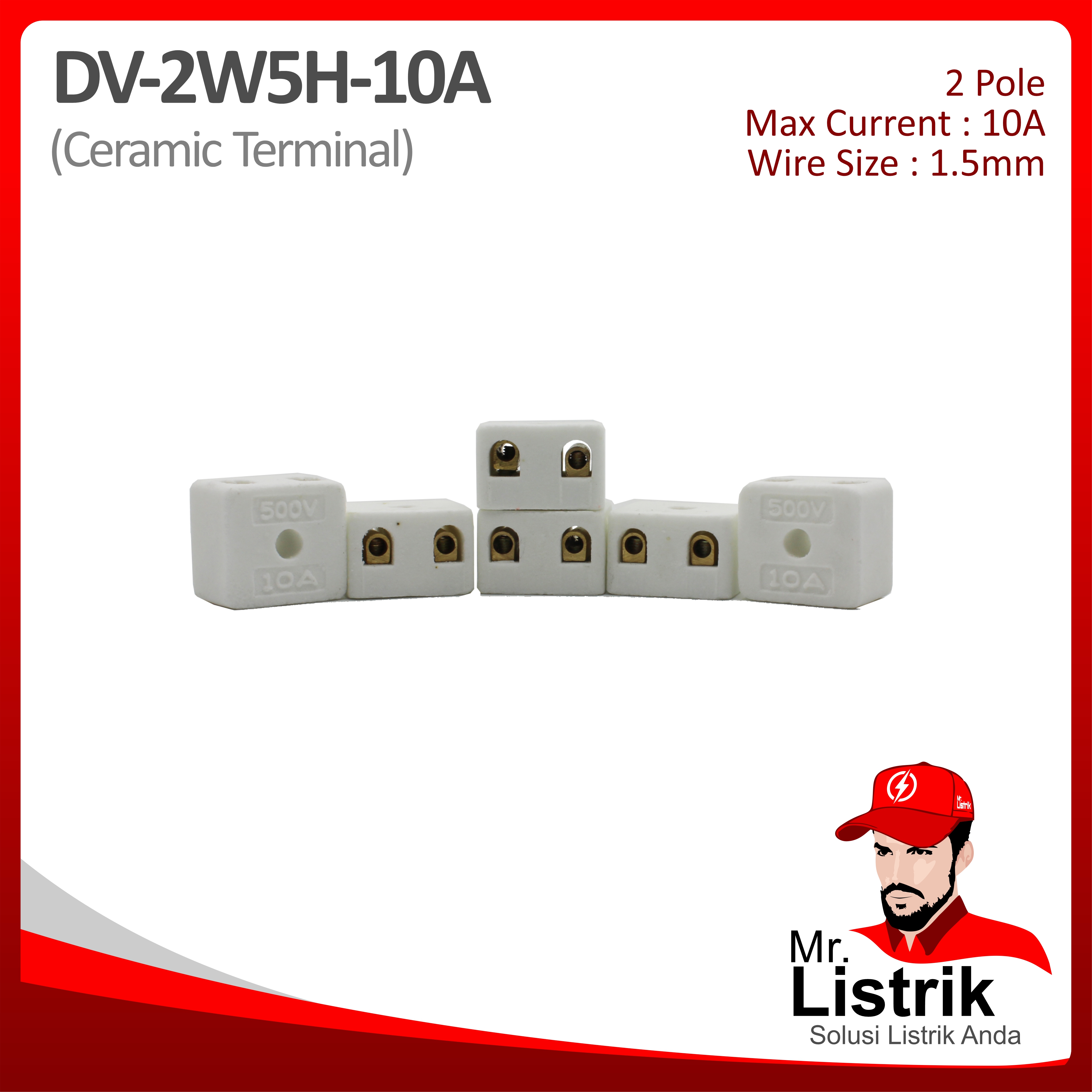 Ceramic Terminal 2P 10A 5 Hole DV 2W5H-10A