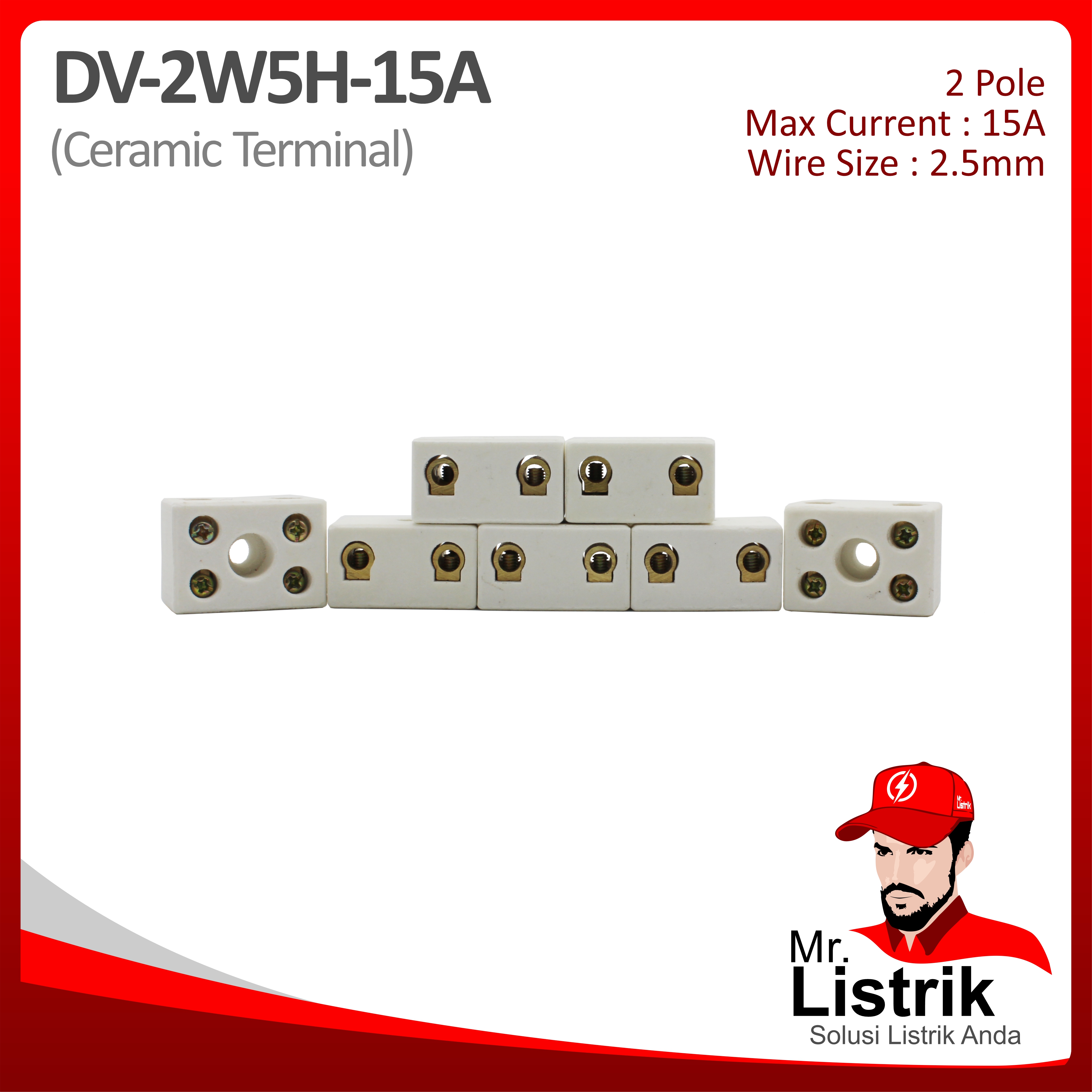 Ceramic Terminal 2P 15A 5 Hole DV 2W5H-15A
