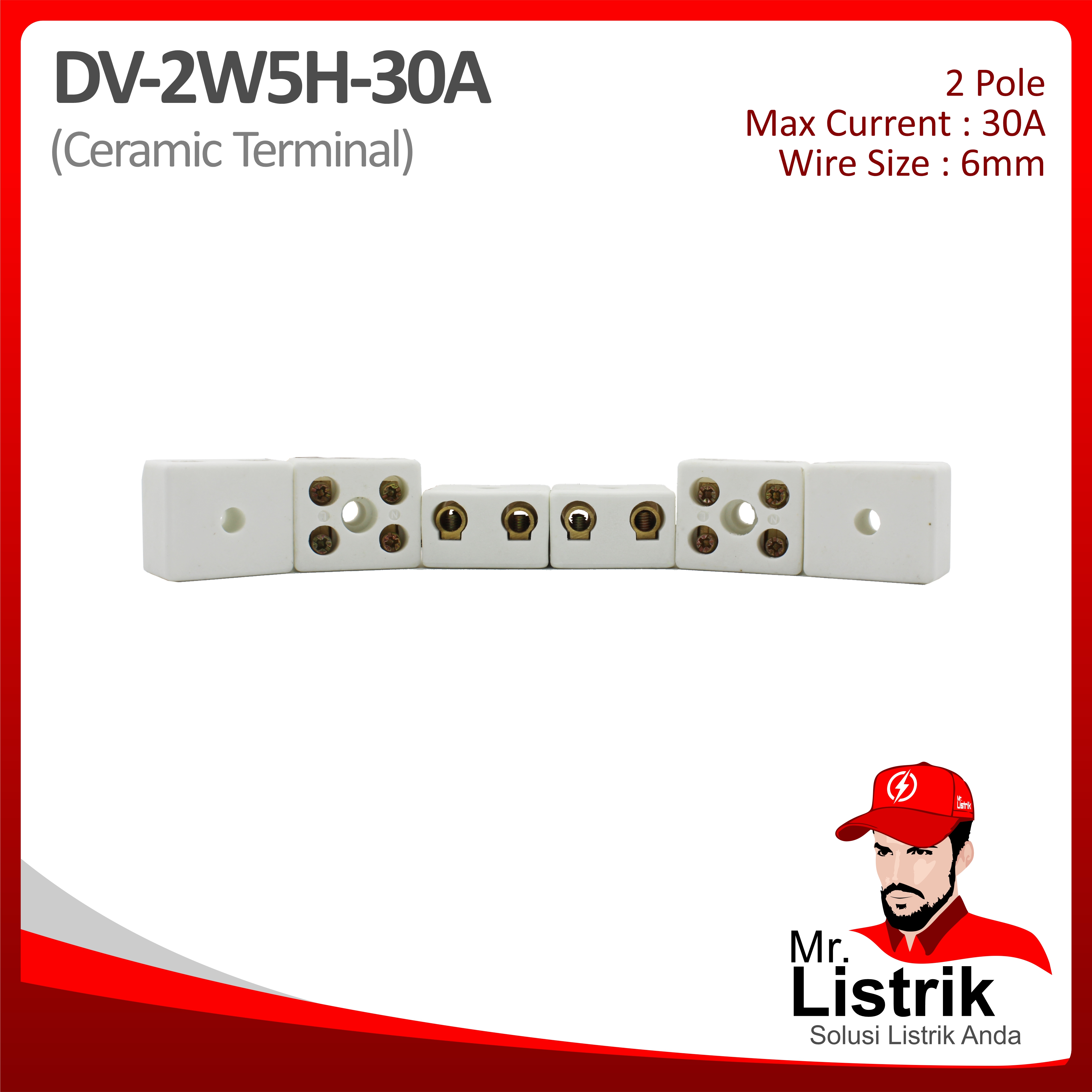 Ceramic Terminal 2P 30A 5 Hole DV 2W5H-30A