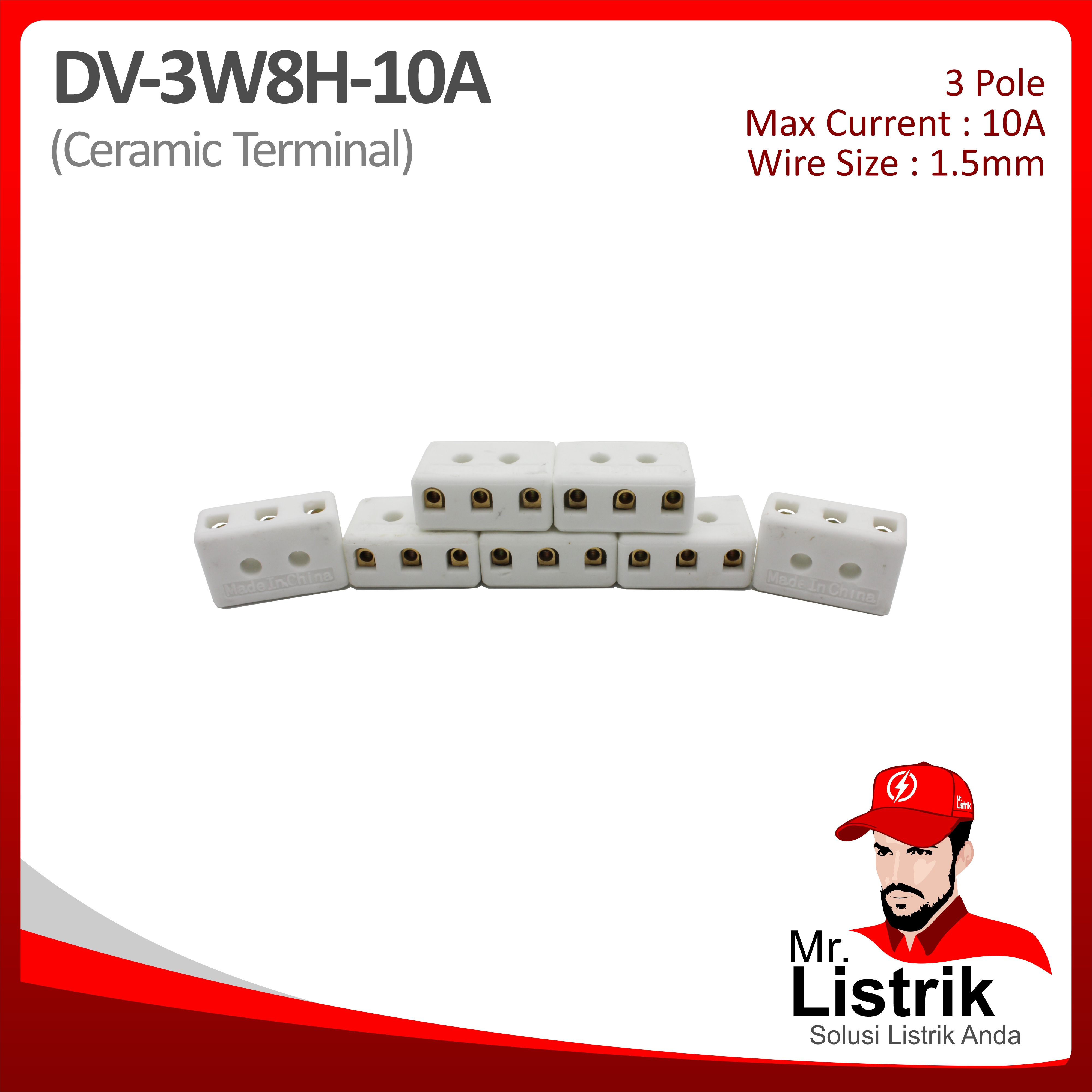 Ceramic Terminal 3P 10A 8 Hole DV 3W8H-10A