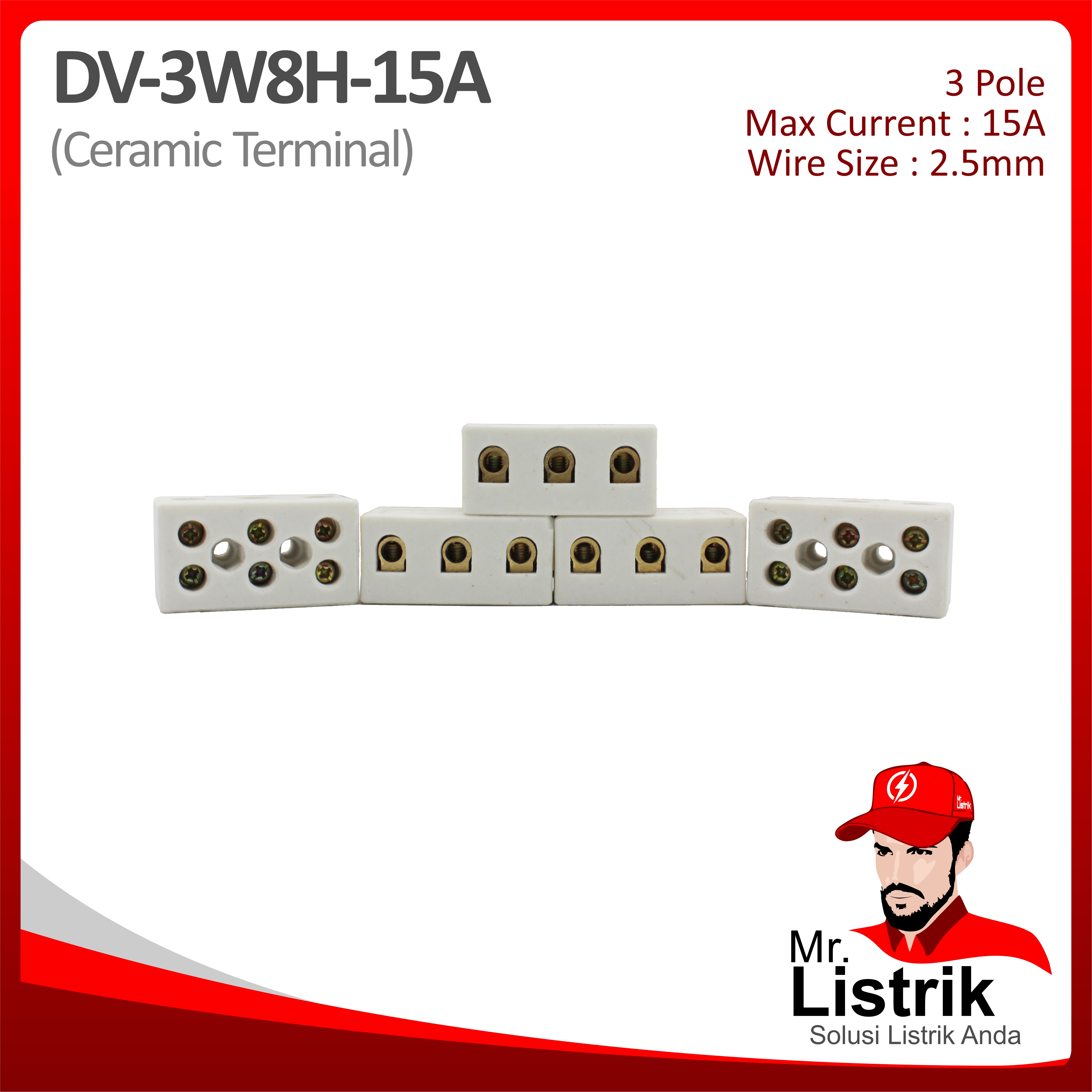 Ceramic Terminal 3P 15A 8 Hole DV 3W8H-15A