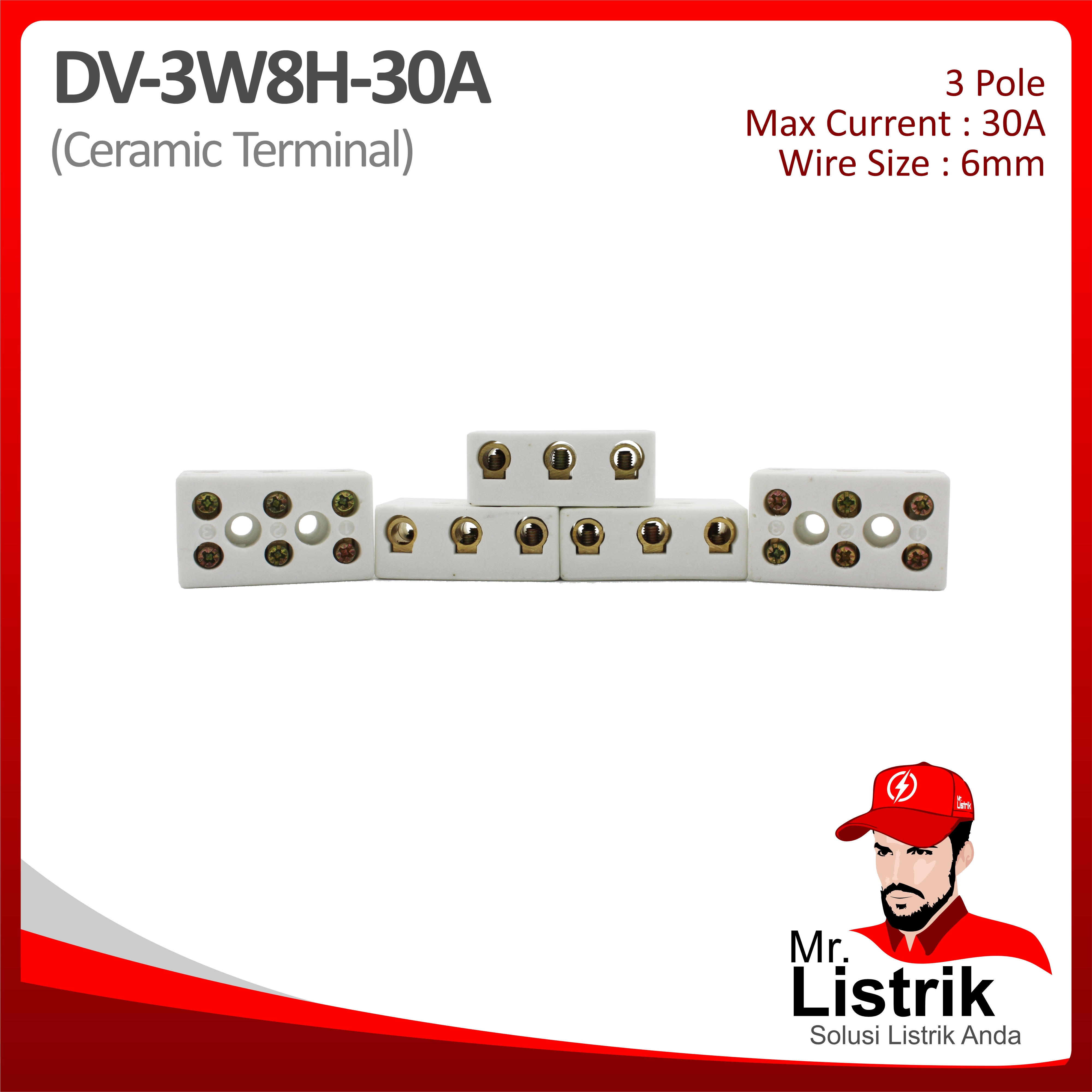 Ceramic Terminal 3P 30A 8 Hole DV 3W8H-30A