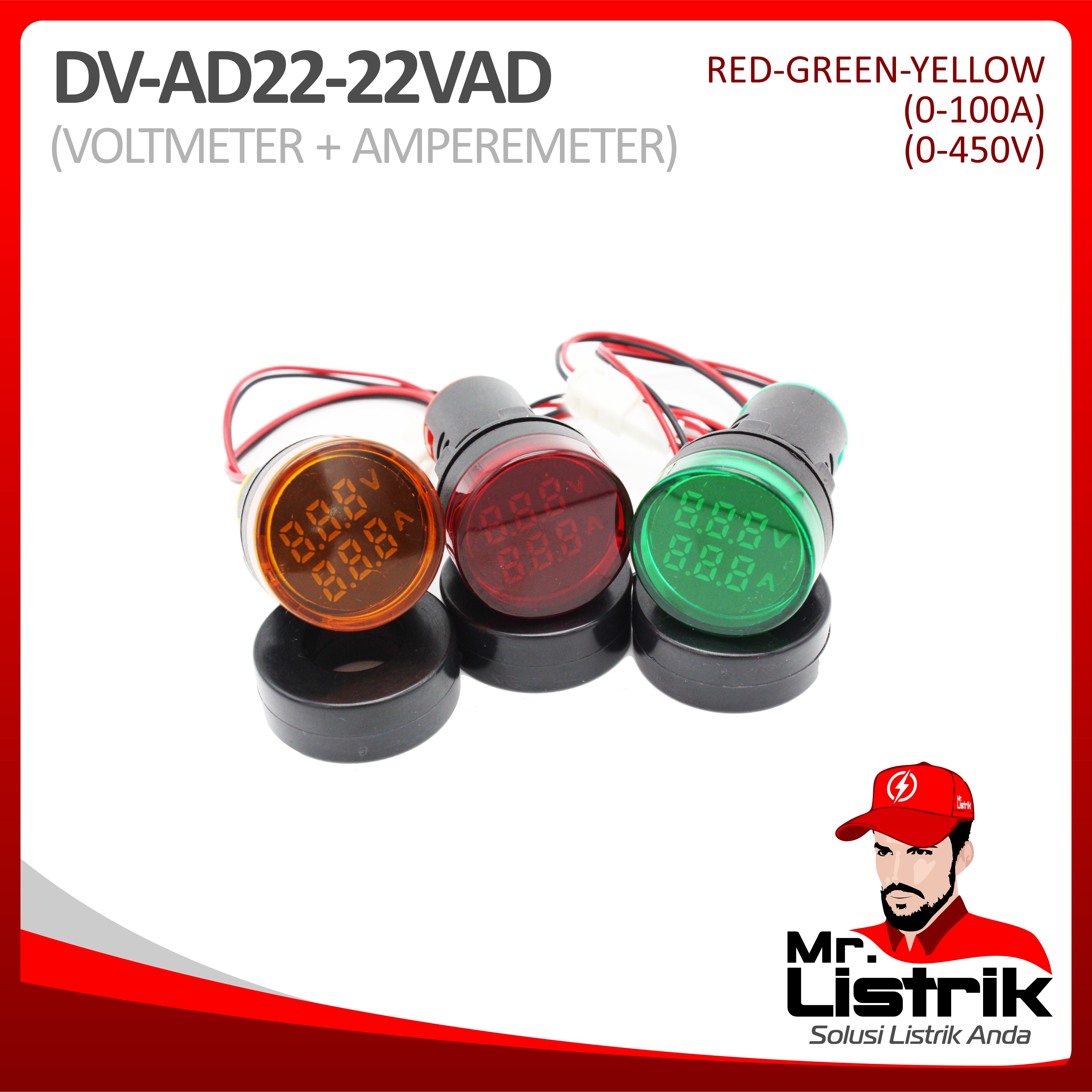 Volt Meter + Ampere Meter Lamp 22mm AD22-22VAD -Red / Green / Yellow