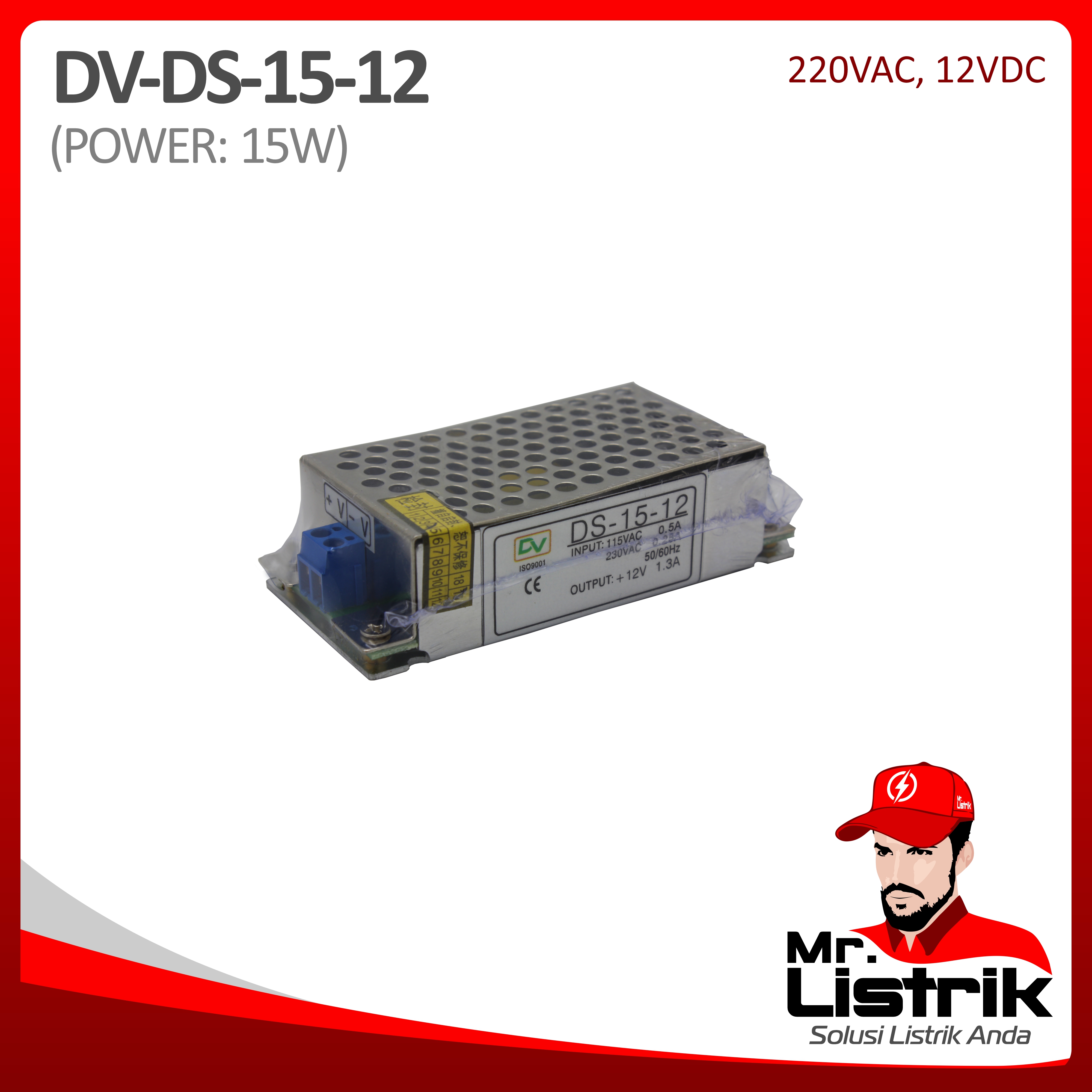 Power Supply AC to DC 15W 1,3A 12VDC DS-15-12