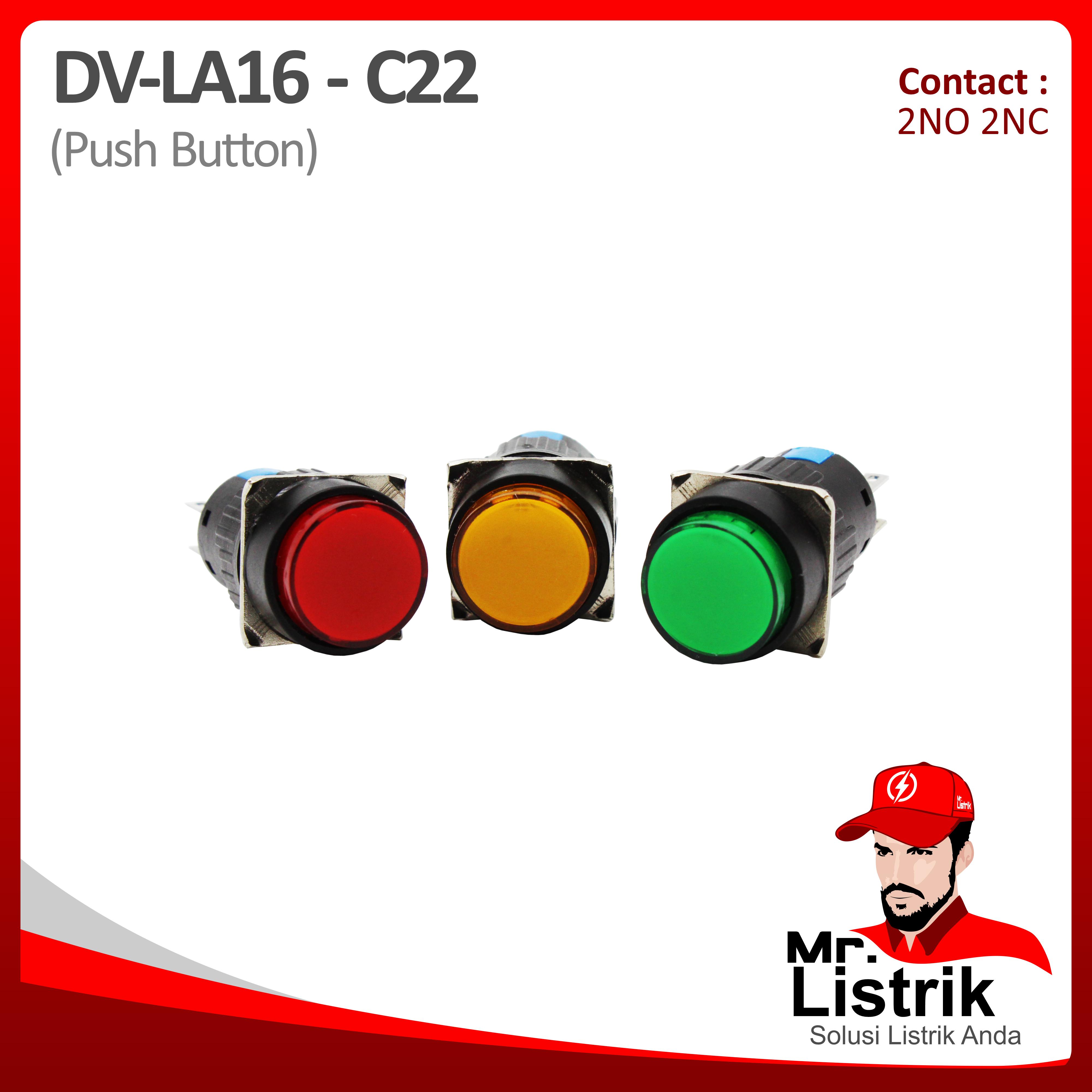 Push Button 16mm DV Pin Contact Bulat Self Return 2NO 2NC LA16-C22 - Red / Green / Yellow