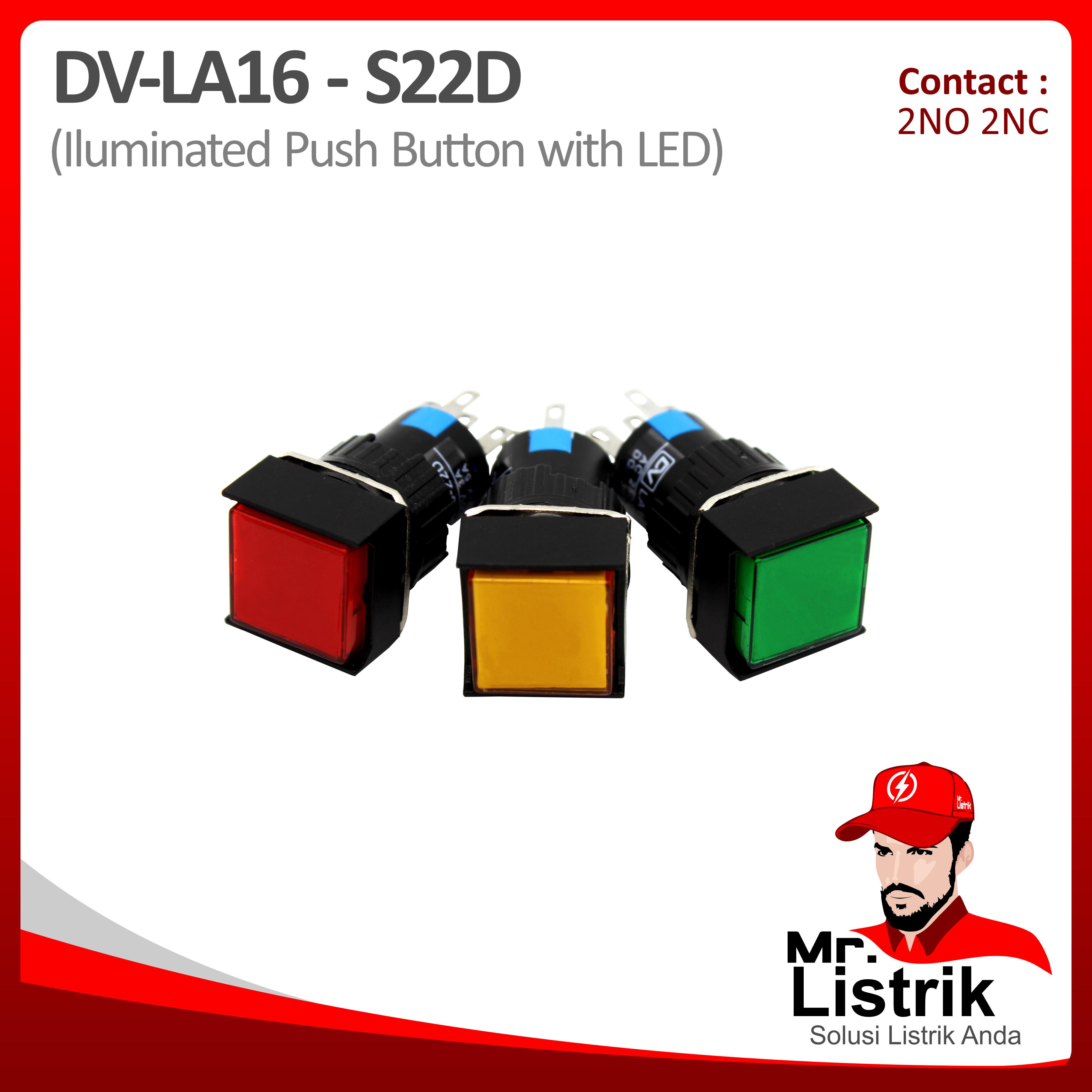 Push Button LED 16mm DV Pin Contact Kotak Self Return 2NO 2NC LA16-S22D - Red / Green / Yellow