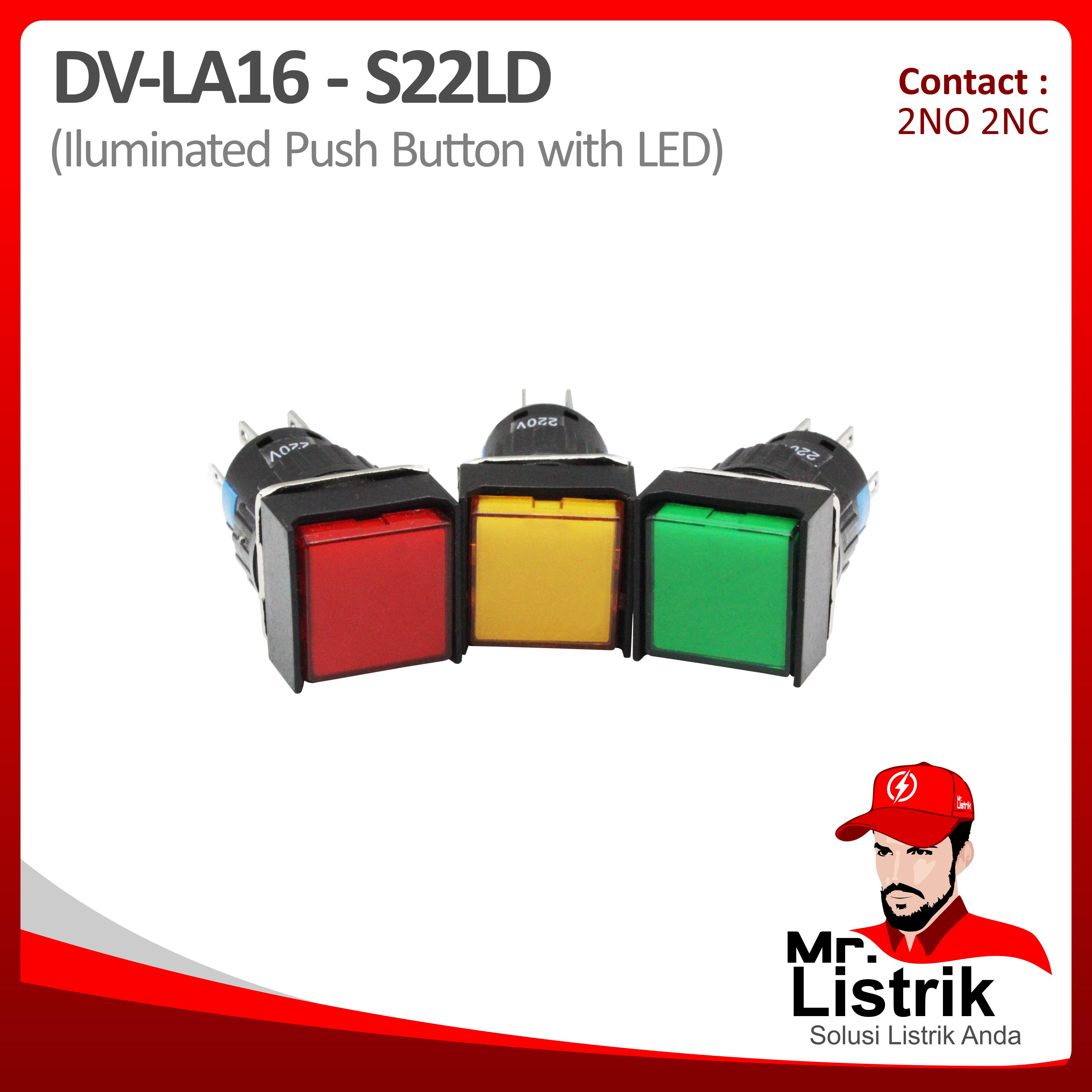 Push Button LED 16mm DV Pin Contact Kotak Lock 2NO 2NC LA16-S22LD - Red / Green / Yellow