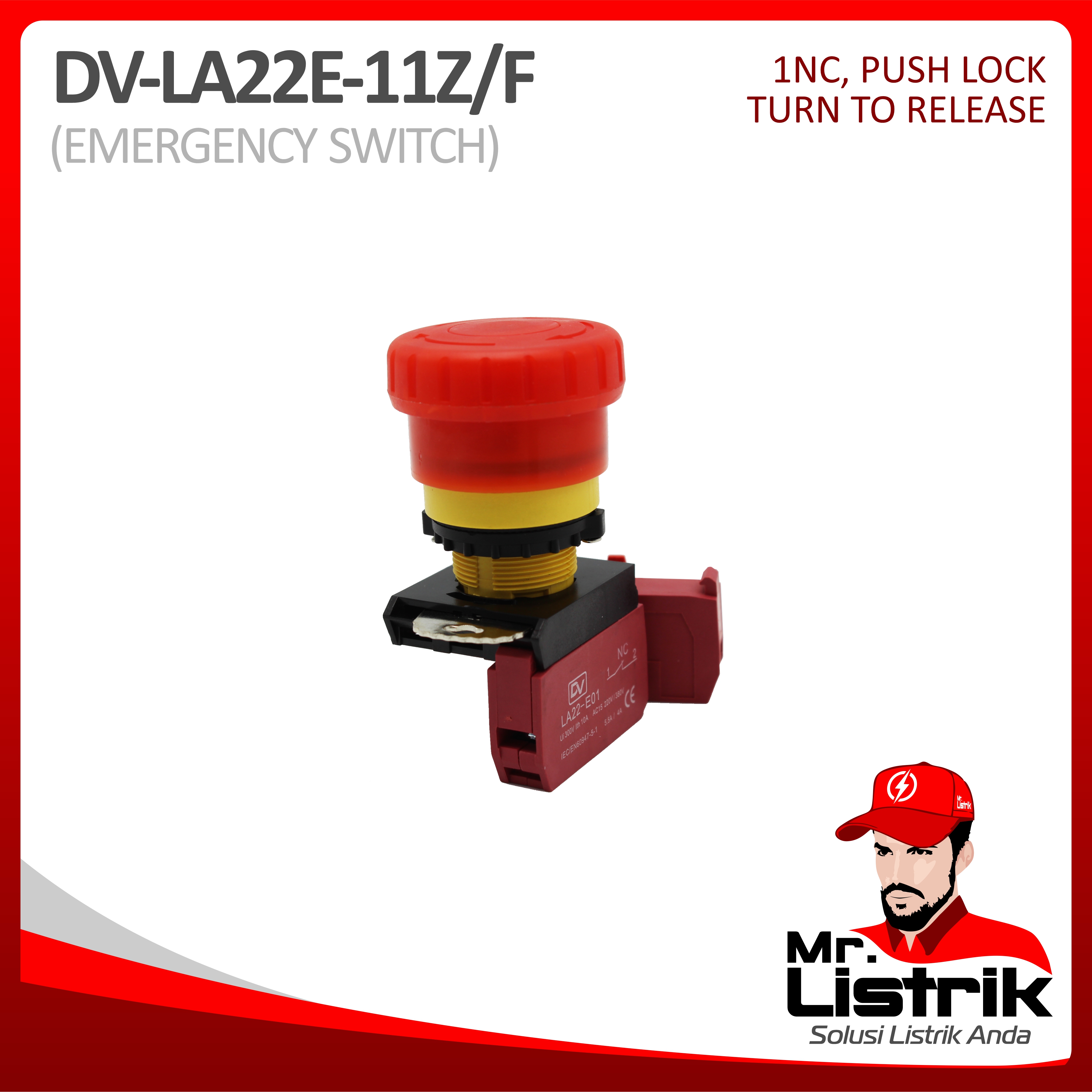 Emergency Stop 1NC Waterproof Modular LA22E-11Z/F - Push Lock Turn To Release