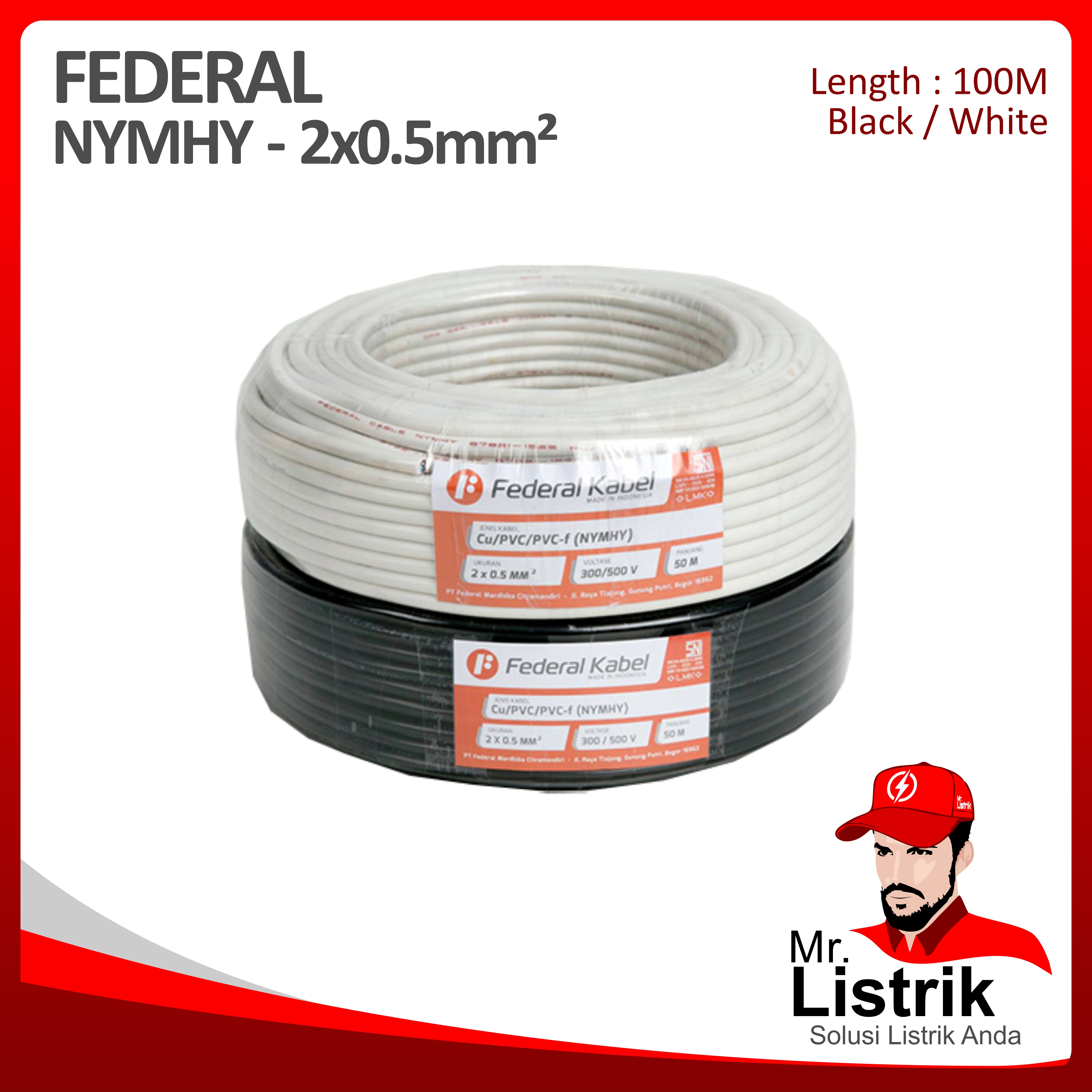 Kabel NYMHY Federal 2x0.5 mm² @100 Mtr