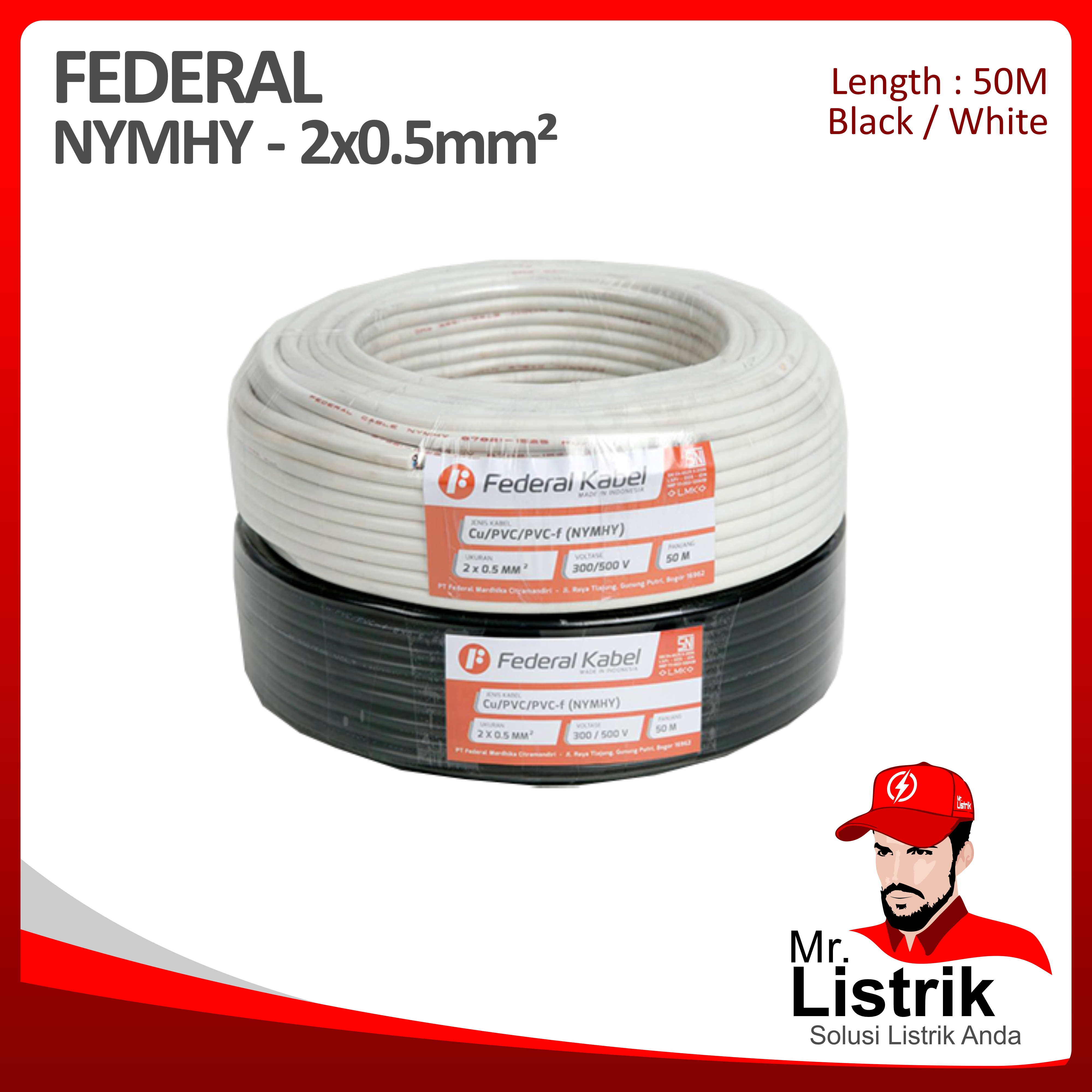 Kabel NYMHY Federal 2x0.5 mm² @50 Mtr