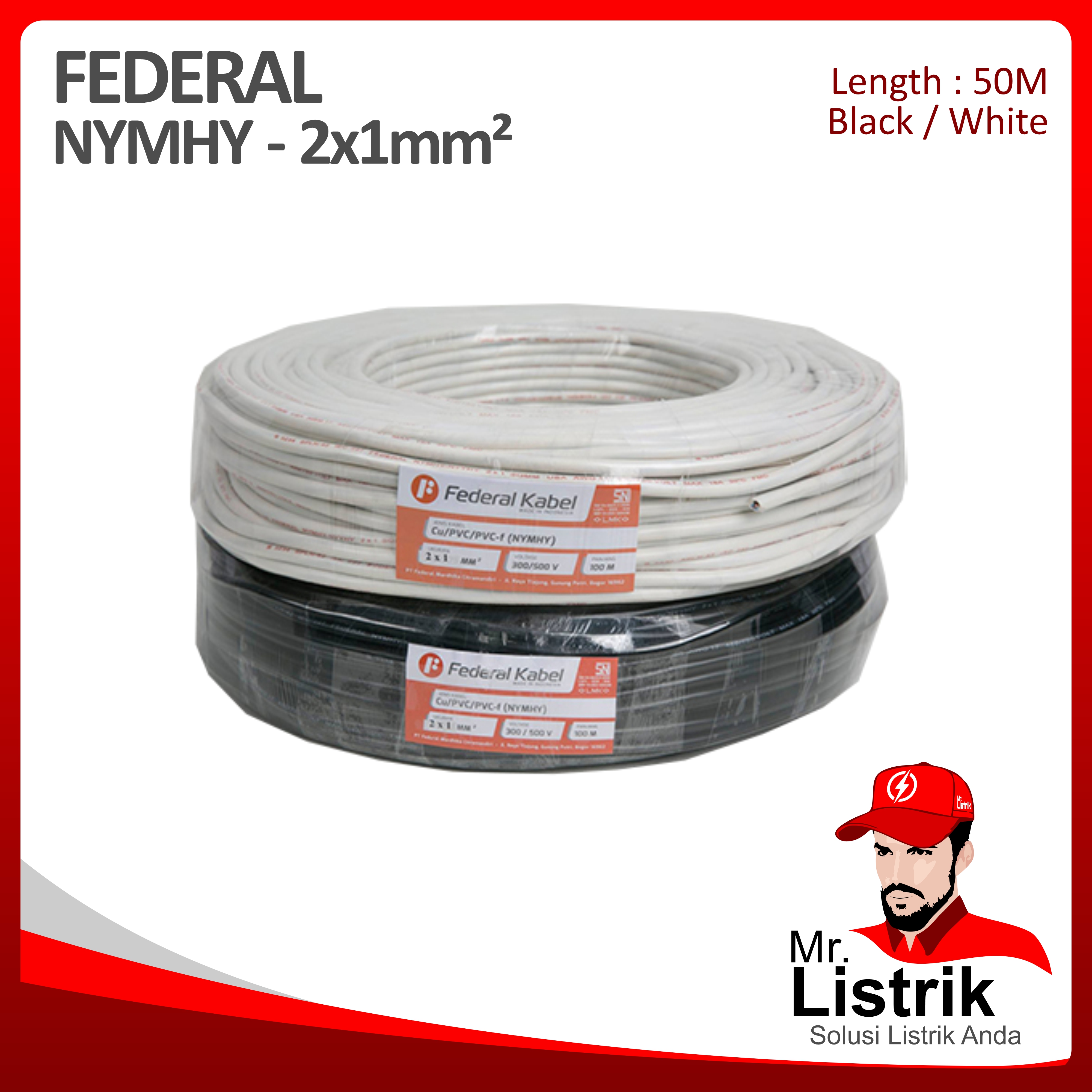 Kabel NYMHY Federal 2x1 mm² @50 Mtr
