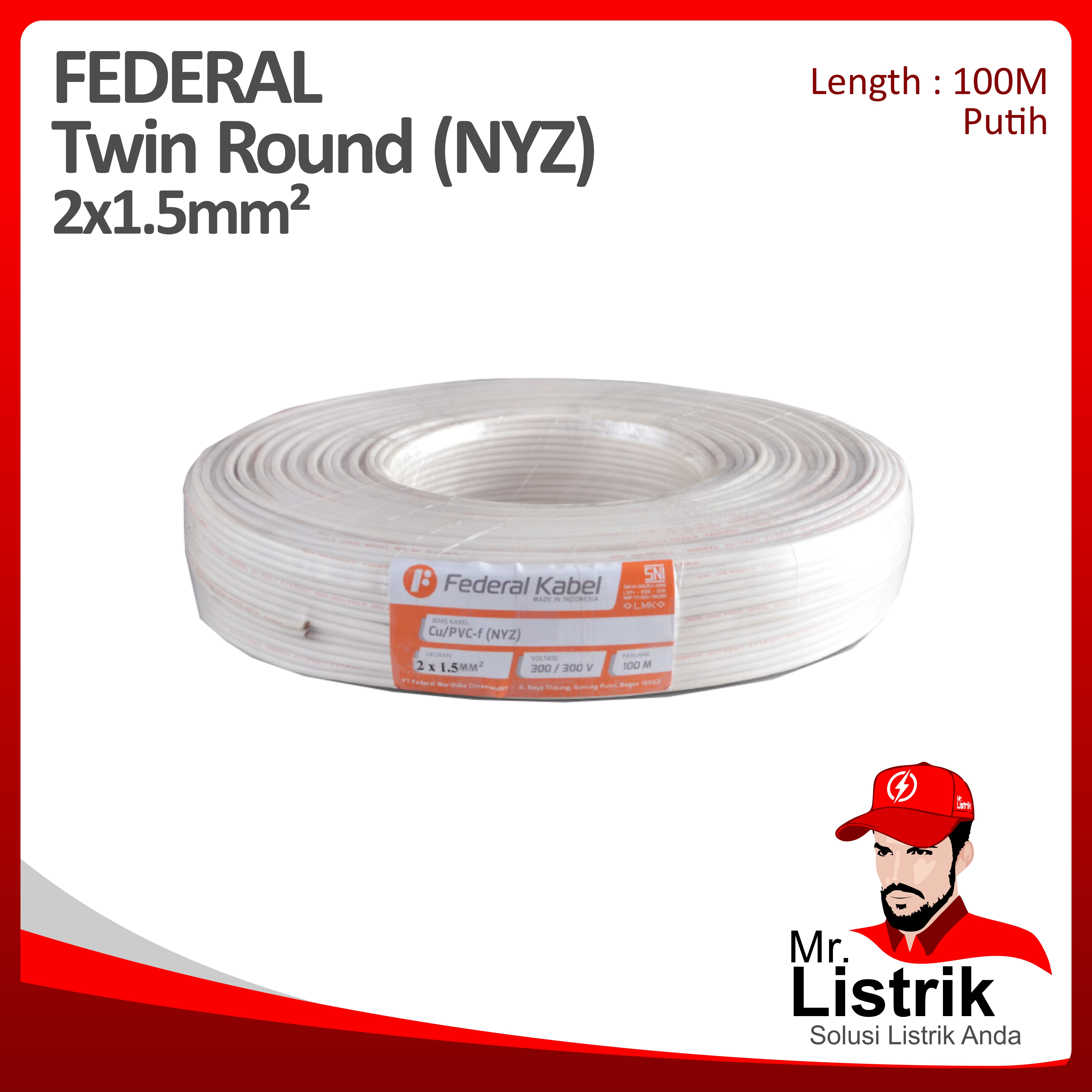 Kabel NYZ Federal 2x1.5 mm² @100 Mtr