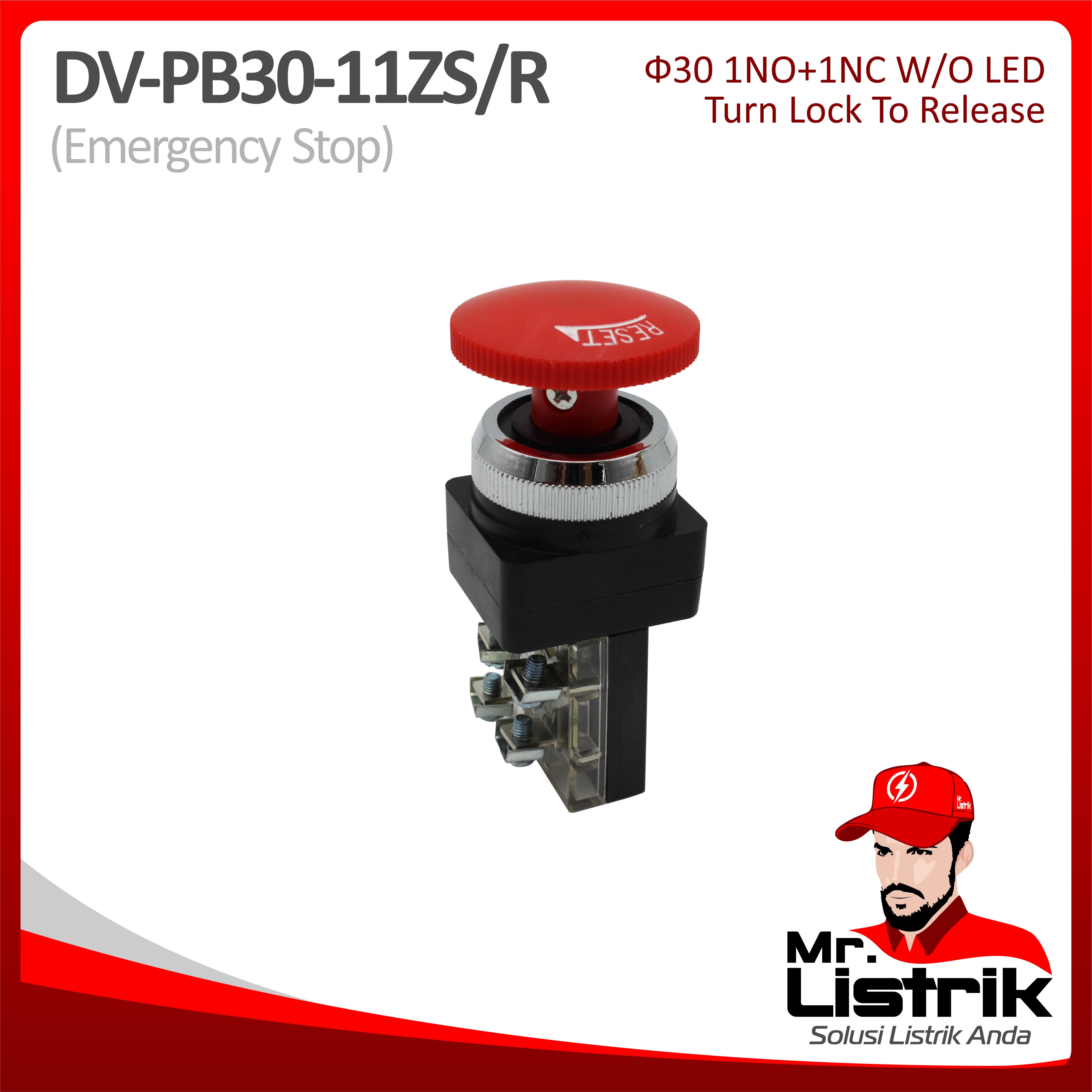 Emergency Stop 30mm DV 1NO+1NC Fixed Contact PB30-11ZS/R - Turn Lock To Release